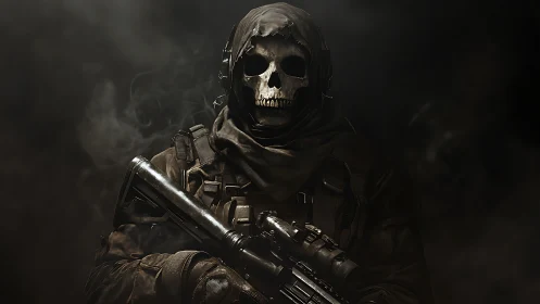 Hooded skull-masked soldier emerges from swirling shadowed smoke.