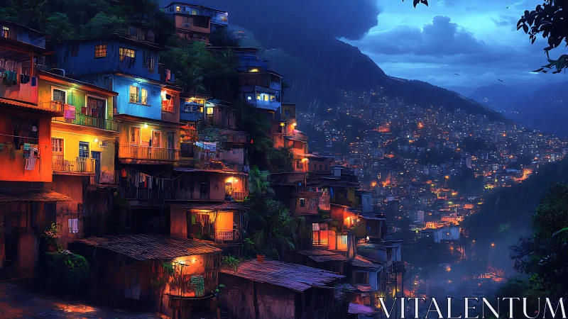 Hillside favela at night with dense glowing city lights.
