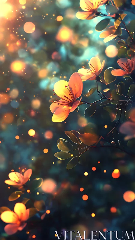 Bokeh-illuminated floral branches in atmospheric digital glow.
