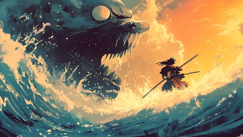 Samurai stands in crashing surf before colossal sea monster
