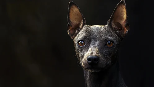 Alert black dog portrait under dramatic low key light.