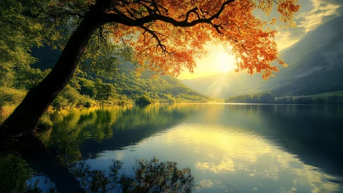 Lake shoreline with autumn foliage and low sun reflection.