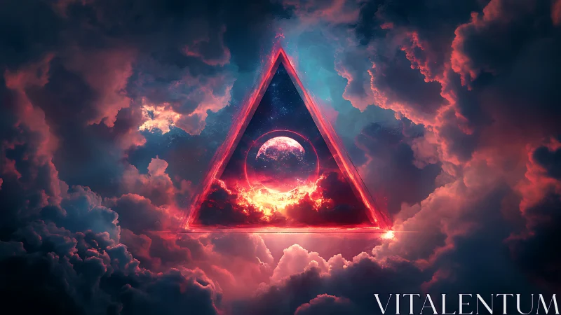 Neon triangle portal framing cosmic planet in storm clouds.