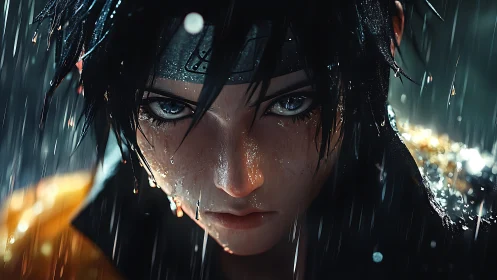 Close anime-style portrait of wet ninja character in rain.