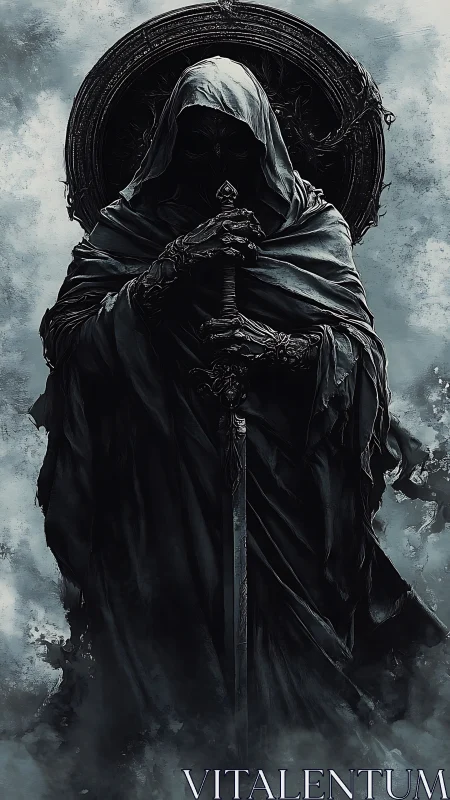 Hooded dark wraith grips longsword before ornate halo