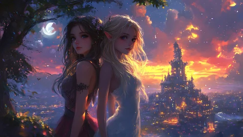 Digital painting of dual heroines before luminous fantasy citadel.