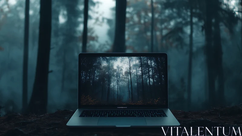 Laptop screen mirrors misty conifer forest in tonal symmetry