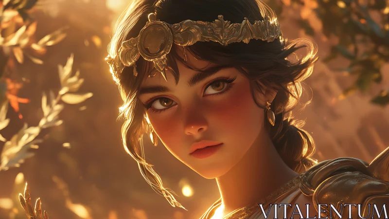Sunlit warrior maiden in gilded laurel diadem portrait.