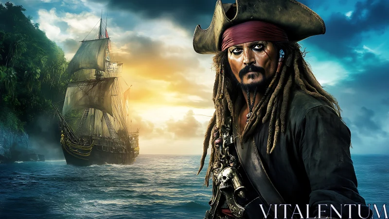 Dreadlocked pirate captain in tricorn hat before sunset frigate