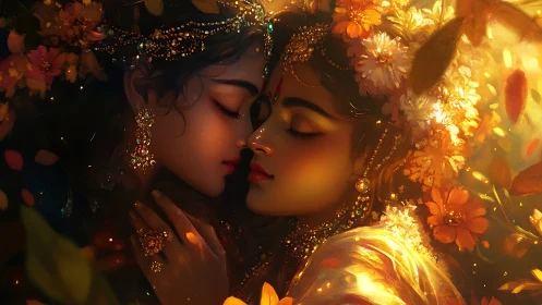 Gilded Intimacy: Celestial Figures Framed in Luminous Floral Bokeh.