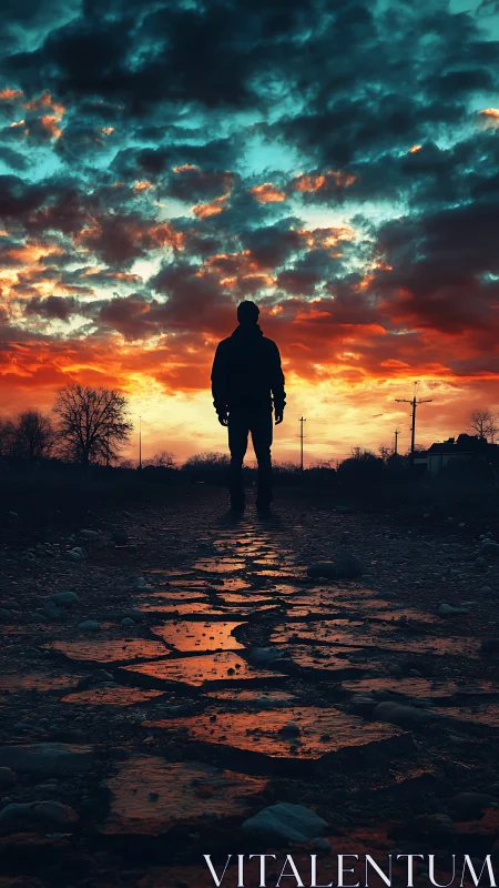 Silhouetted figure on wet path under cinematic sunset sky.