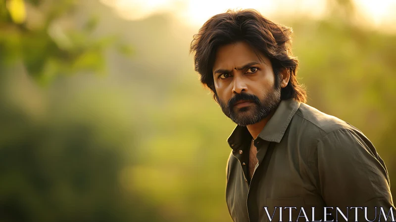 Warm sunlight frames a thoughtful man in quiet greenery.