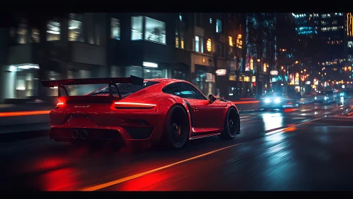 Red sports car slices through neon-lit rainy city streets.