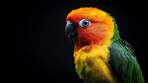 Vibrant Sun Conure Parrot Portrait with Black Background.
