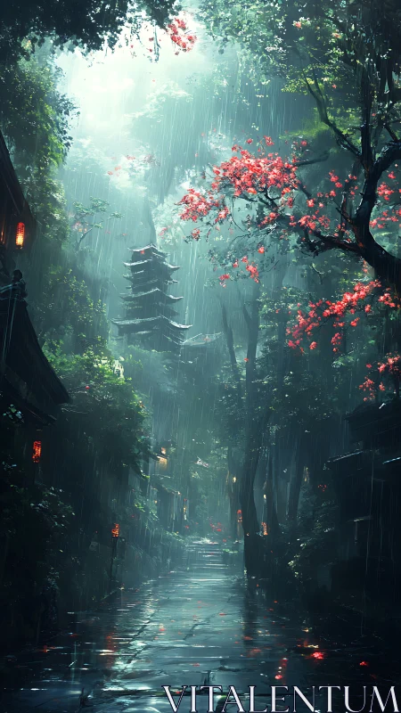 Rainlit temple street beneath crimson blossom whispers.