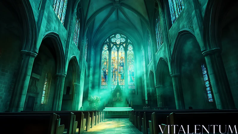 Sunlit quiet in a glowing stained glass cathedral interior.