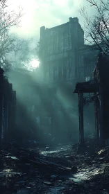 Fog-drenched ruined tower in desolate urban wasteland.