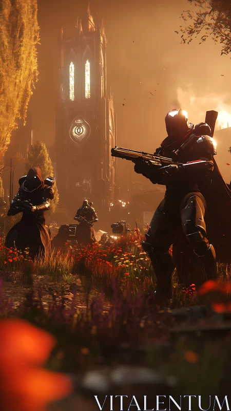 Armored guardians stand ready in a glowing cathedral meadow