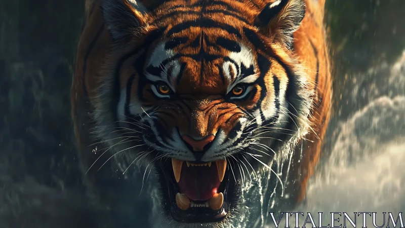 Fierce tiger charge through water in raw, focused power.