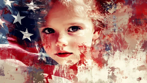 Patriotic Child Portrait with American Flag Digital Composite Overlay