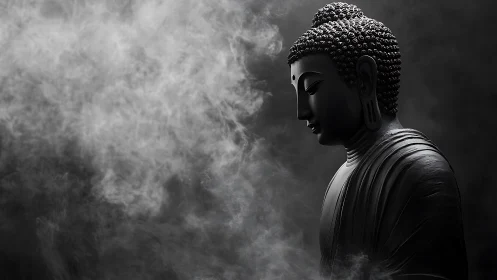 Quiet Buddha statue rests in soft swirling gray mist