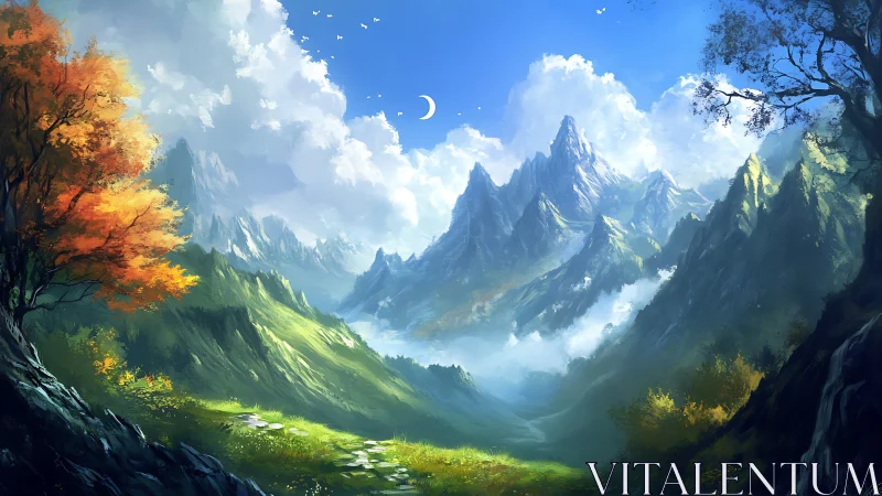 Luminous mountain valley under crescent sky panorama.