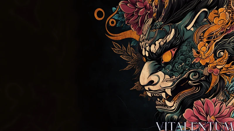 Mythic dragon mask with florals on deep black void backdrop.