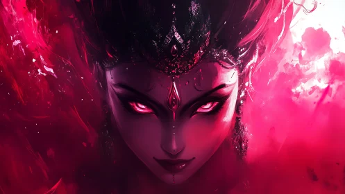 Mysterious crimson goddess gazing through swirling cosmic fire.