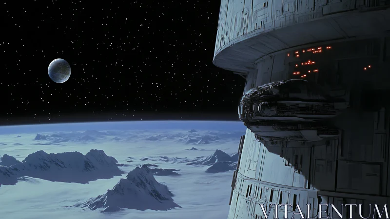 Orbital space station over frozen planetary landscape at night.