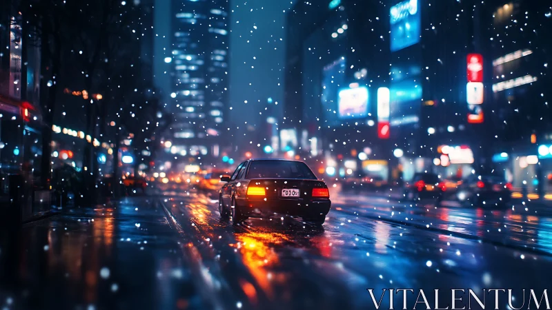 Solitary car moves through neon city street under snowfall