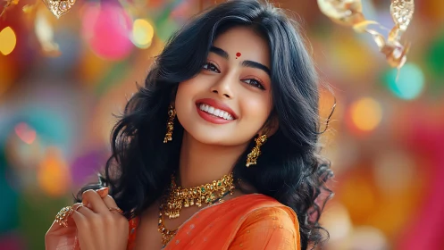 Radiant woman in orange saree smiles amid festive lights.