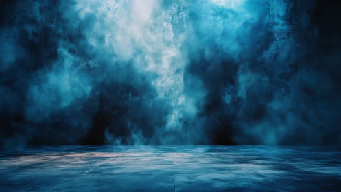 Empty blue mist stage suggests moody cinematic backdrop