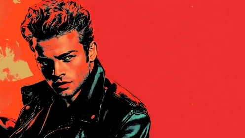 Bold leather jacket portrait glows against vivid red backdrop