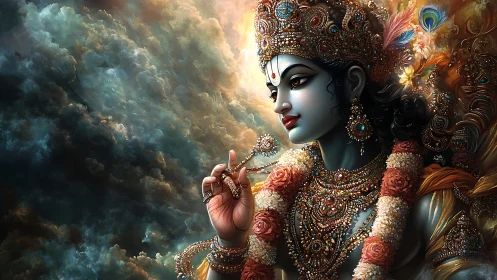 Divine blue-skinned deity in ornate jewelry against storm clouds.