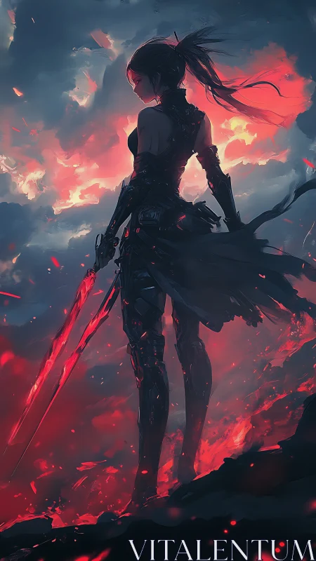 Armored female figure with red energy sword on cliff edge.