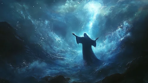 Robe-clad figure stands amid turbulent parted ocean waves