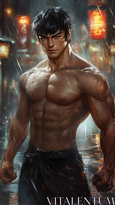 Shirtless male figure stands in rainy neon-lit urban street