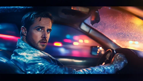 Neon-soaked driver glances back through rain-streaked night