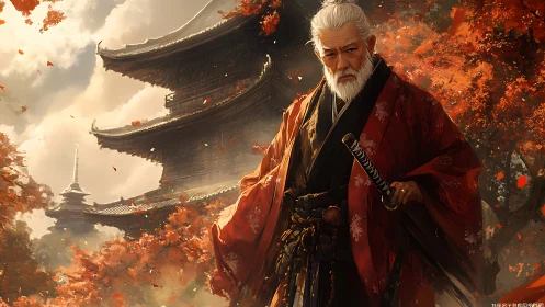 Digital painting of elder samurai before autumn pagoda backdrop.