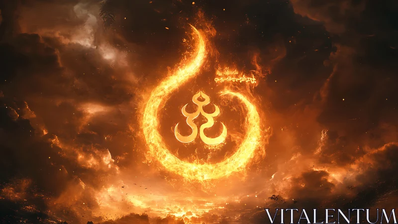 Ornamental Symbol Surrounded by Fiery Atmospheric Phenomena.