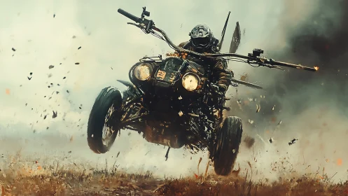 Armored rider on weaponized quad bike in explosive off-road jump