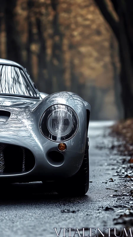 Silver classic sports car on wet forest lane at dusk.