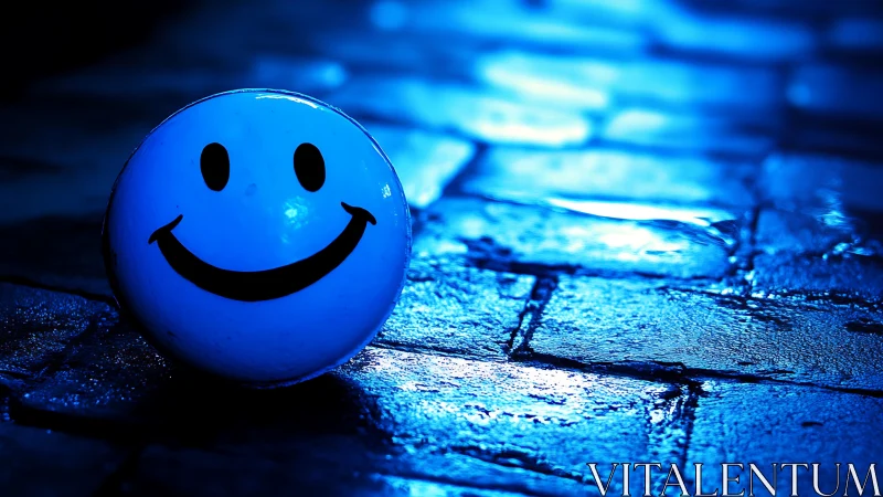 Smiley ball glows against wet blue cobblestone pavement