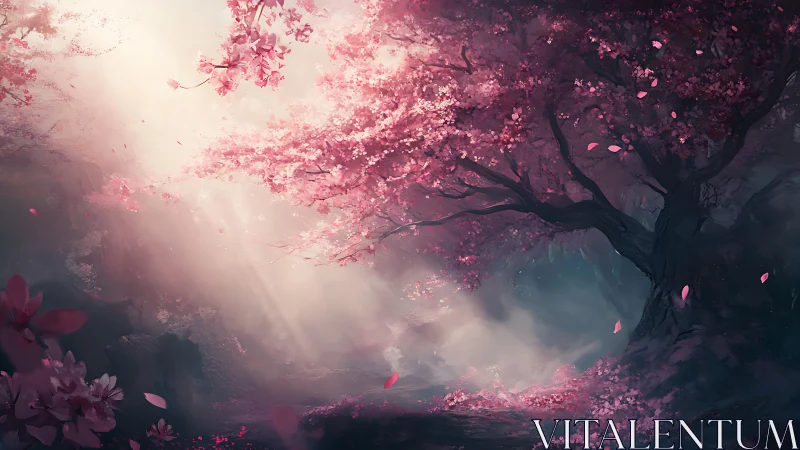 Ethereal cherry blossom grove illuminated by diffused dawn light