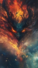 Fiery cosmic spirit emerging from swirling stardust flames.