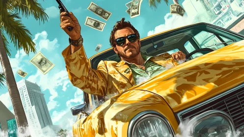 Urban outlaw in yellow muscle car amid flying cash storm.