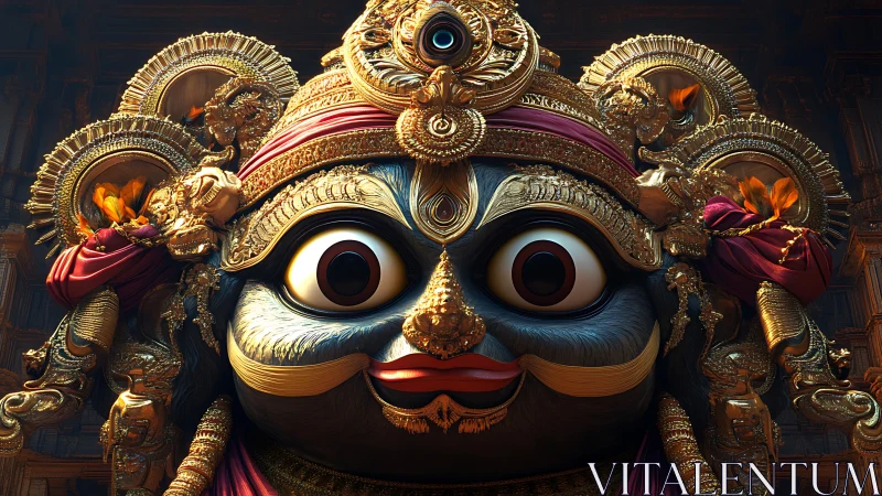 Ornate stylized deity mask with gold adornments in temple setting.