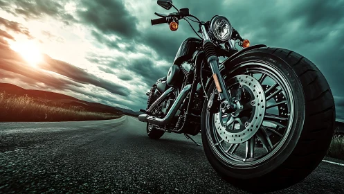 Low angle view of cruiser motorcycle on empty road.