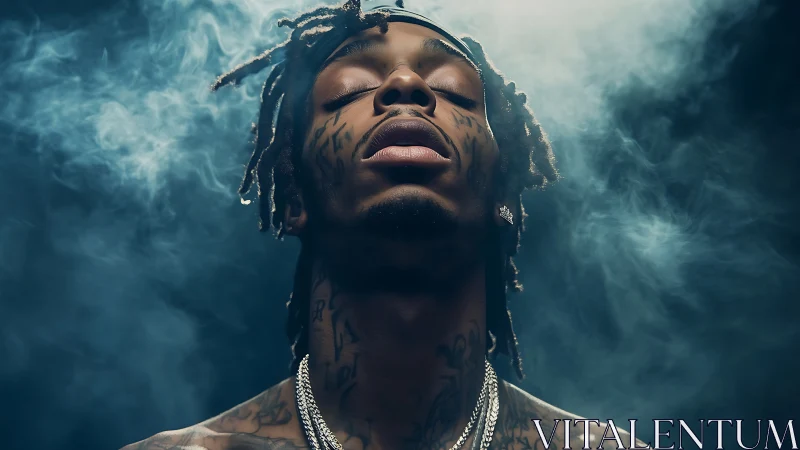 Tattooed man in smoky low-key portrait with cinematic rim light