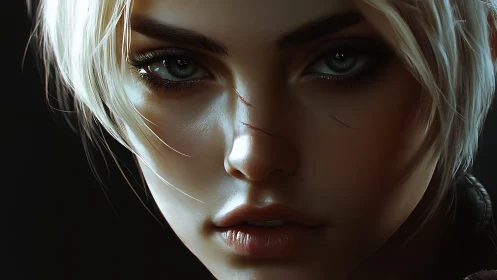 Defiant scarred heroine stares ahead in cinematic close-up